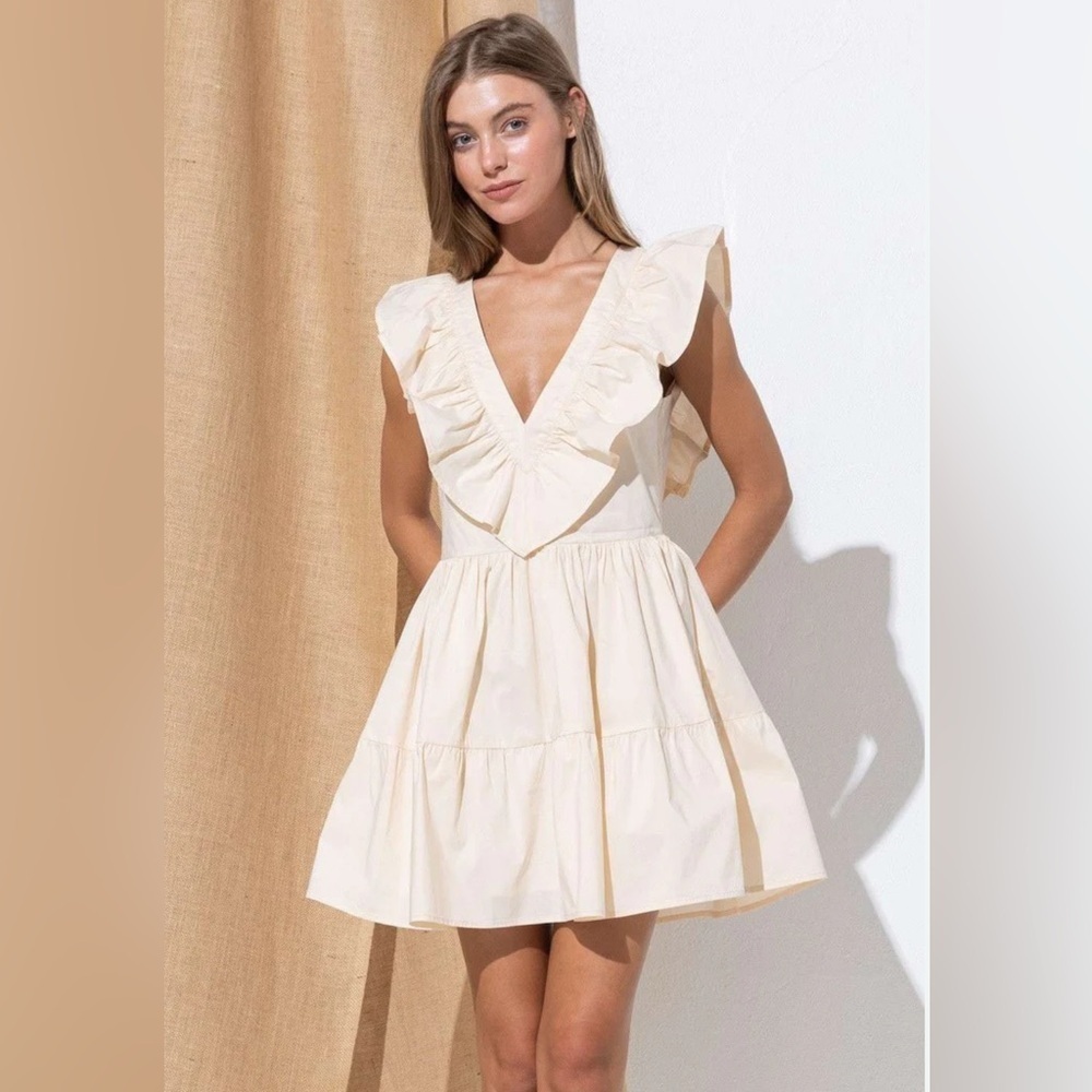 NWT Shop Neighbor Ruffled Shoulder Deep Vee Fit And Flare Mini Dress Cream SZ S